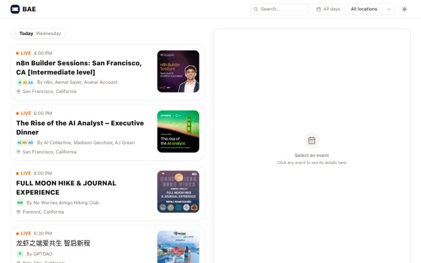 BAE with date-grouped event cards on the left and an empty event details panel on the right.